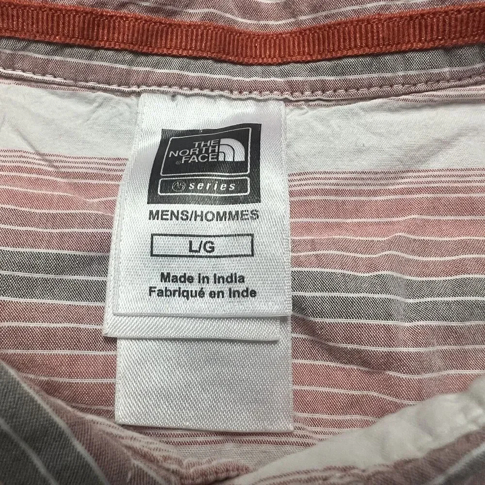 North Face Mens L Button Preppy Stripe Shirt Pink‎ Short Sleeve Hiking Camping